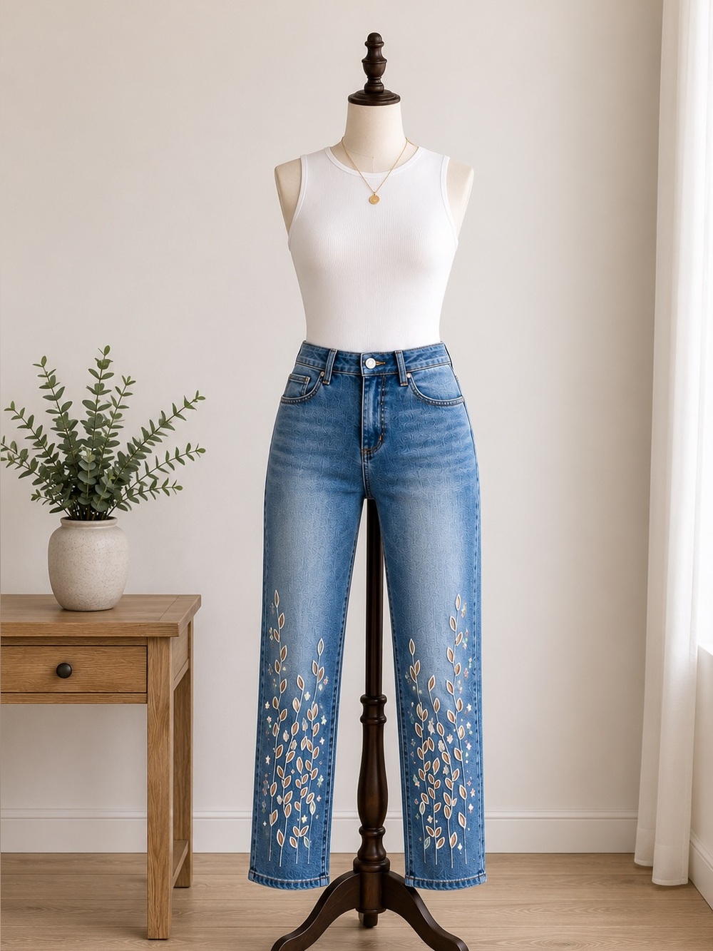 Joseph Ribkoff Embroidered Rhinestone Straight Leg Jeans Blue Boho Cottagecore 8